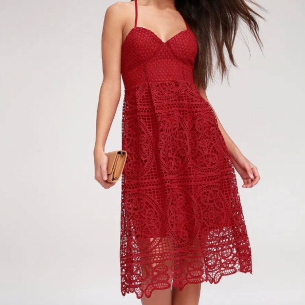 Lulus red lace/eyelet elegant midi dress